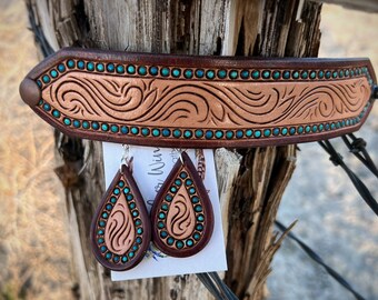 Hand Tooled Leather Turquoise Earrings with Matching Cuff ~ Set or individually