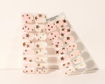 Pink and Metallic Gold Star Chrome Nail Semi-Cured UV Gel Nail Strips