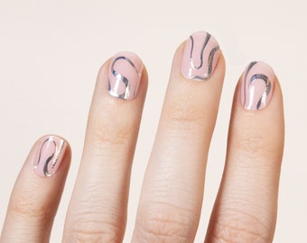 Silver Ribbon - Pink and Metallic Silver Swirl Nail Semi-Cured UV Gel Nail Strips