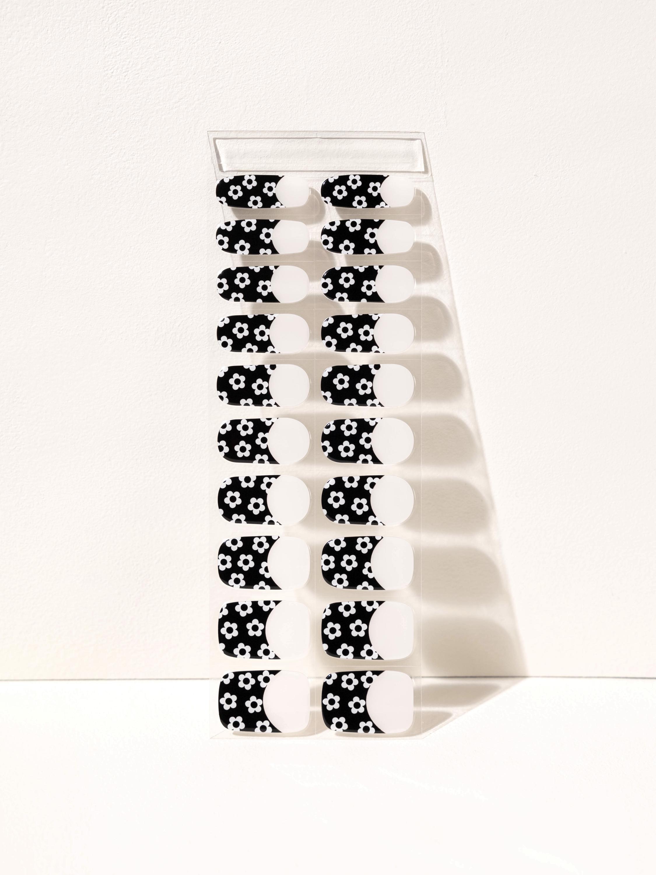 Twiggy French - Black and White Flower Semi-Cured UV Gel Nail Strips