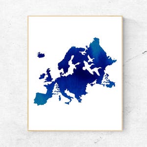 Watercolor Blue Europe Icon Wall Art - Europe  Print - Wall Decor - World Country - Travel Poster  - Digital Artwork