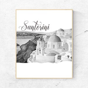 Aquarel Santorini Wall Art -Santorini Print - Beroemde bezienswaardigheid - Muur Decor - Wereldsteden - Reisposter - Santorini Print - Digitale kunst