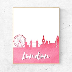 水彩ロンドン ピンク ウォールアート - ロンドン プリント - 有名なランドマーク - 壁装飾 - 世界の都市 - 旅行ポスター - デジタルアート