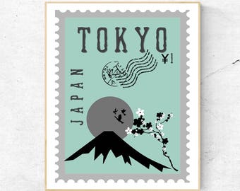 Watercolor Mint Gray Mt Fuji Postage Stamp Wall Art - Japan Print - Famous Landmark - Wall Decor - World Cities - Travel Poster - Wall Art