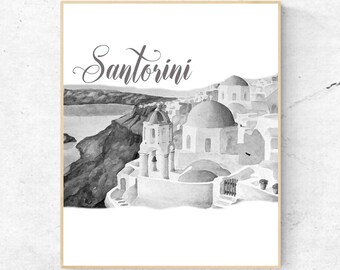 Watercolor Santorini Wall Art -Santorini Print - Famous Landmark - Wall Decor - World Cities - Travel Poster - Santorini Print - Digital Art