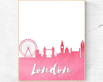 Watercolor London Pink Wall Art - London Print - Famous Landmark - Wall Decor - World Cities - Travel Poster - Digital Art