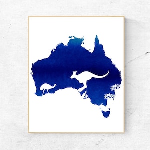 Watercolor Blue Australia Continent Wall Art - Australia Print - Wall Decor - World Country - Travel Poster  - Digital Artwork