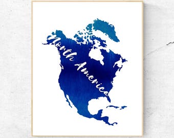 Watercolor NA Blue Word Wall Art - NA Print - Wall Decor - World Country - Travel Poster  - Digital Artwork