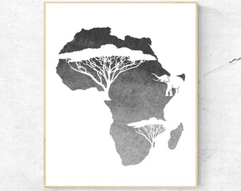 Watercolor Gray African Continent Wall Art - Africa Print - Wall Decor - World Country - Travel Poster  - Digital Artwork