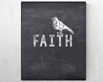 May include: Black chalkboard with a white bird and the word "FAITH" written in white chalk.
