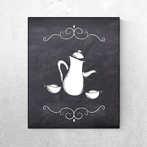 Tea / Coffee Pot With Mugs Chalkboard Printable Wall Art - Chalkboard Kitchen Printable Wall Art -  Family /Food /Love Quote - Digital Art