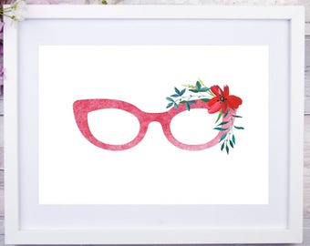 Eyewear Flowers Coral Wall Art - Optician/ Optometrist Art - Printable Watercolor -  Home Decor - Printable Sign - Digital Print