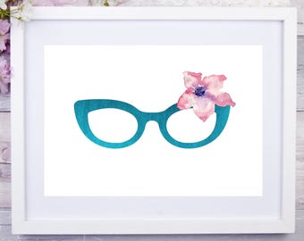 Eyewear Flowers Turquoise Wall Art - Optician/ Optometrist Art - Printable Watercolor -  Home Decor - Printable Sign - Digital Print