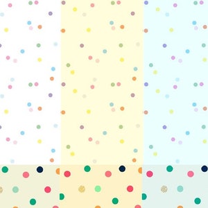 May include: A set of 12 digital paper patterns featuring various polka dot designs. The patterns include different colours and sizes of polka dots on a variety of backgrounds, including white, yellow, blue, and green.