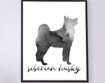 WATERCOLOR- Siberian Husky  Silhouette- Wall Art