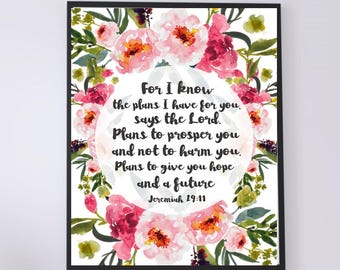 AQUARELL -For I Know The Plans- Jeremia 29:11-Bibelvers- Wandkunst