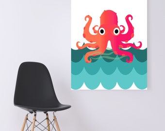 ARTE DE PARED DIGITAL- Criaturas náuticas- Pulpo de coral sobre olas verde azuladas