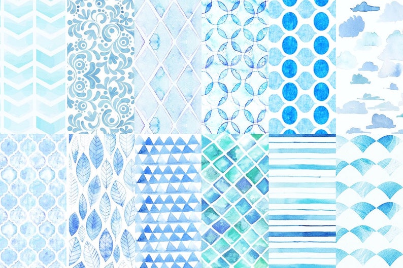 Blaue digitale Papier Pack - blaue Aquarell-Muster - Hintergründe mit blauen Hand bemalt Aquarell-Effekte - coole Streifen, Pfeile, Chevron Bild 1
