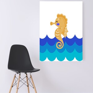 DIGITAL WALL ART- Nautical Creatures- Yellow Orange Seahorse On Blue Waves