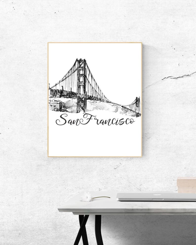 Watercolor Grey San Francisco Wall Art San Francisco Print Famous Landmark Wall Decor World