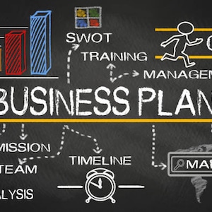 May include: A chalkboard with a white outline of a business plan. The plan includes elements such as leader, mission, team, analysis, timeline, market, action, goal, training, management, and success. The plan is represented by a series of arrows and lines connecting the elements.