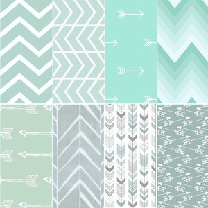 Könnte beinhalten: Ein digitales Papierpaket mit 12 verschiedenen Mustern in Blautönen und Grüntönen. Die Muster umfassen Pfeile, Dreiecke und Chevron-Designs.
