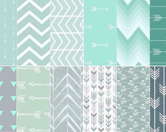 Könnte beinhalten: Ein digitales Papierpaket mit 12 verschiedenen Mustern in Blautönen und Grüntönen. Die Muster umfassen Pfeile, Dreiecke und Chevron-Designs.
