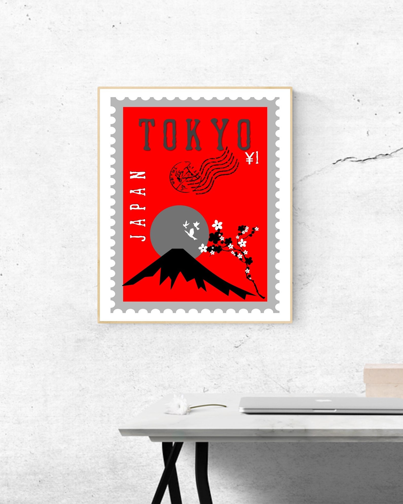 Watercolor Red Mt Fuji Postage Stamp Wall Art Japan Print Etsy.de