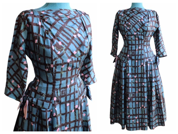 1950’s blue windowpane & pink flower dress by Natl
