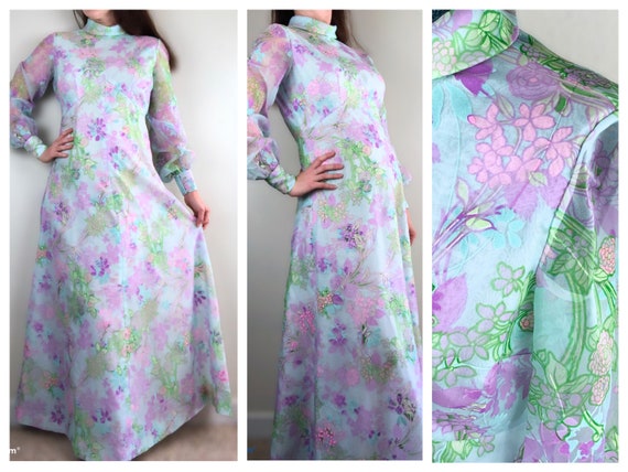 1970’s purple floral flocked maxi dress | Large