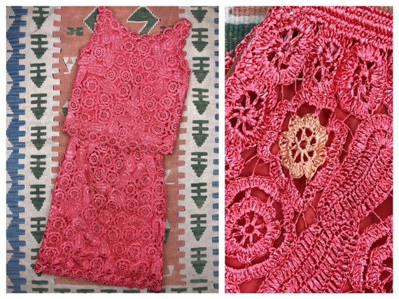 Early 60s woven coral pink paisley raffia skirt &