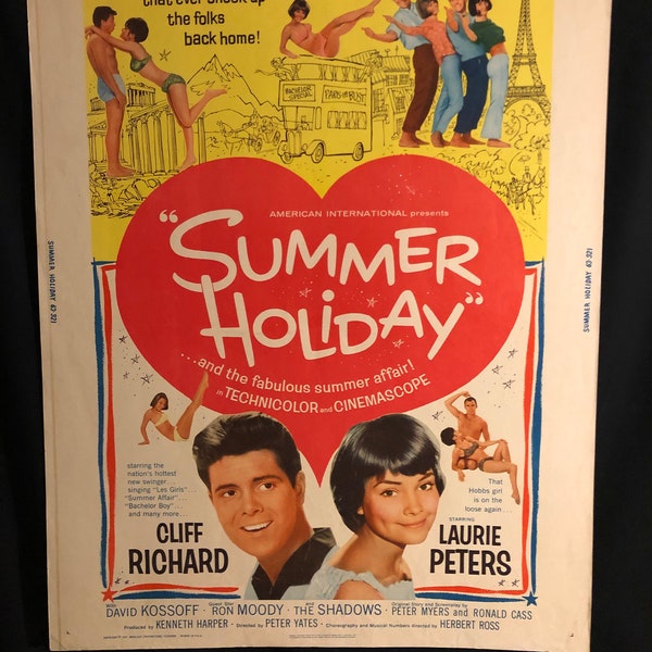 Original 1963 Summer Holiday 30x40 Movie Poster Cliff Richard, Laurie Peters, Beach, Bikini, Babes Surfer, Exploitation, Teen