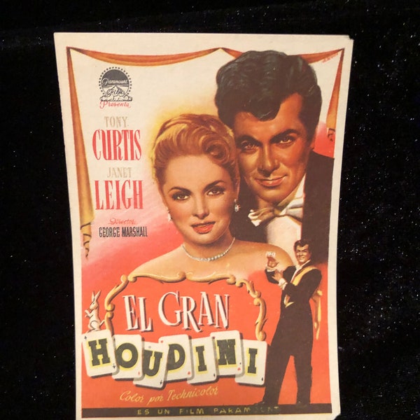 Original 1955 Houdini Spanish Herald Movie Poster Tony Curtis Janet Leigh, Magic Magician