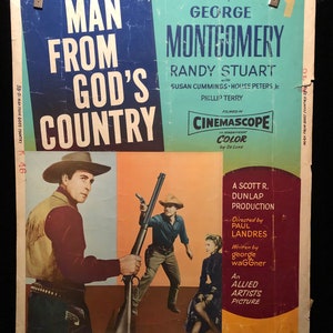 Póster original de la película Man From God's Country 30x40 de 1958, George Montgomery, Cowboy, Western, Country, Randy Stuart