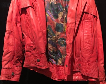 Original 1980s Vintage Global Identity Red Leather Jacket Woman Medium M Bomber