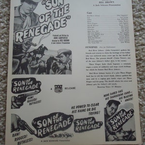 Original RARE 1953 Son Of The Renagade Sample Herald Movie Poster, Press Book, Country, Western, Cowboy, John Carpenter