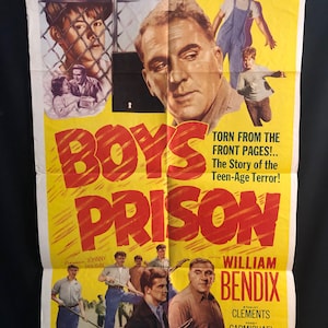 May include: A vintage film poster for the movie "Boys Prison" starring William Bendix. The poster has a yellow background with red and black text. The poster also features a photo of William Bendix and other actors from the film.
