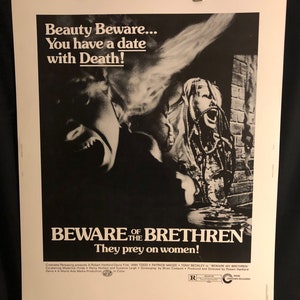 May include: A black and white movie poster for the horror film "Beware the Brethren". The poster features a woman with a rope tied around her neck and a man with a snarling face. The text on the poster reads "Beauty Beware... You have a date with Death!" and "Beware the Brethren. They prey on women!"
