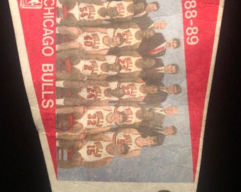 May include: A vintage Chicago Bulls pennant featuring a team photo from the 1988-89 season. The pennant is red, white, and blue with a red bull mascot logo. The text "Chicago Bulls" and "1988-89" are printed on the pennant.