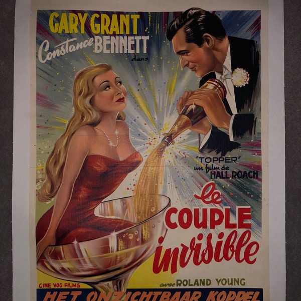 Original 1950R Topper Belgian Linenbacked Movie Poster, Constance Bennett, Cary Grant, Linen, Champagne