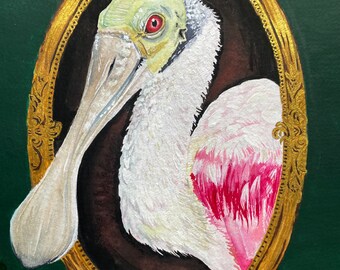 Rose Gold Roseate Spoonbill Portrait watercolor painting