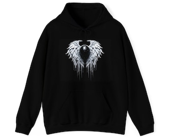 May include: Black hooded sweatshirt with a white graphic of a skull with angel wings dripping paint.