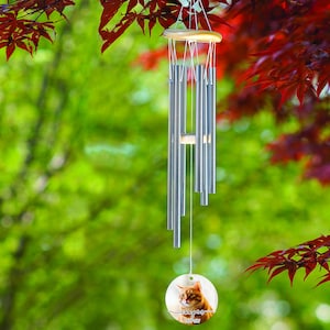 May include: A silver wind chime with a wooden top and a round, clear pendant featuring a cat's image and text. The wind chime hangs against a backdrop of red leaves and a blurred green background.