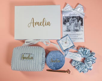 Something Blue Bridesmaid Proposal Box Dusty Blue Personalized Gift Set Velvet Makeup Bag, Jewelry Case & Scrunchie Bridesmaid Gift Box