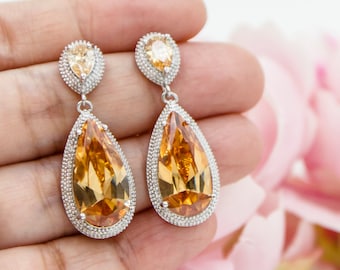 Champagne Zirconia Teardrop Bridal Earrings, Bridesmaid Jewelry