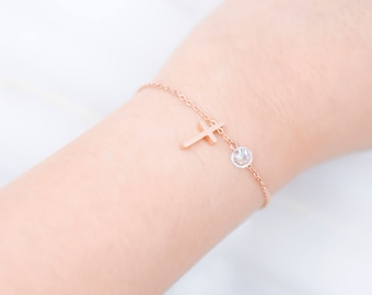 Cross bracelet Rose gold bracelet religious jewelry Christian jewelry baptismal gift catholic cross jewelry for woman dainty cross bracelet