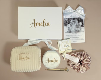 Champagne Ivory Bridesmaid Proposal Box Neutral Personalized Gift Set Elegant Velvet Makeup Bag & Jewelry Case Classic Wedding Gift
