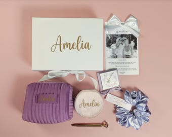 Lavender Bridesmaid Proposal Box Purple Personalized Gift Set Velvet Makeup Bag, Jewelry Case & Scrunchie Spring Pastel Wedding Gift Pastel