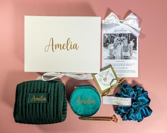 Personalized Bridesmaid Proposal Box Set | Custom Name Velvet Makeup Bag, Jewelry Case & Satin Scrunchie | Will You Be My Bridesmaid Gift