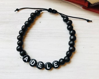 Personalized adjustable string bracelet, name bracelet, beaded name bracelets, friendship bracelet, ID bracelets, beaded wooden bracelelt